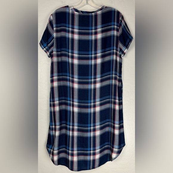 Cloth & Stone Plaid Shirt Dress V Neck Short Sleeve Hi Lo Shift Sz M 0325 - Picture 2 of 7